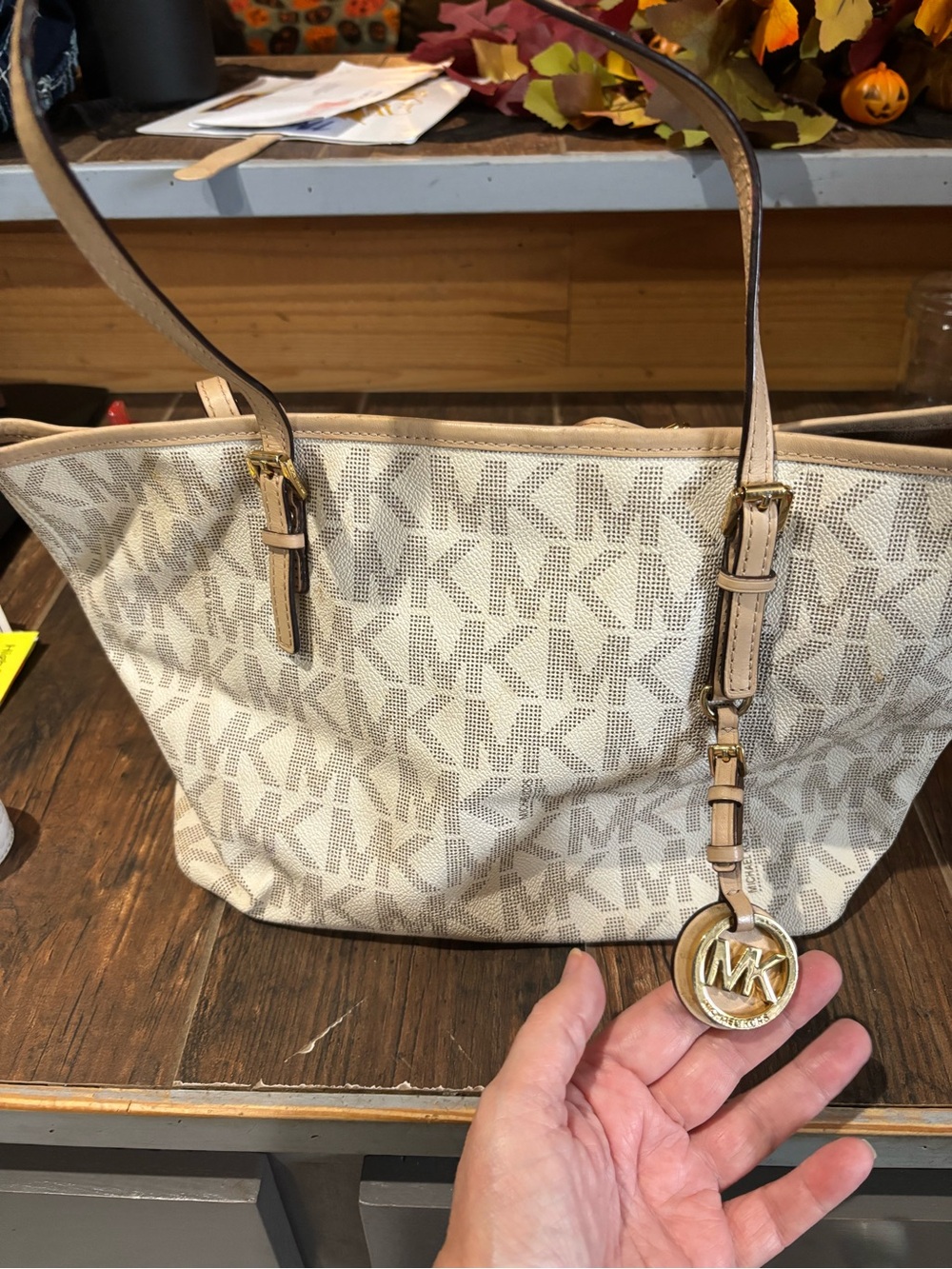 Michael Kors Beige/Light Brown MK Signature Tote with Gold Logo Charm